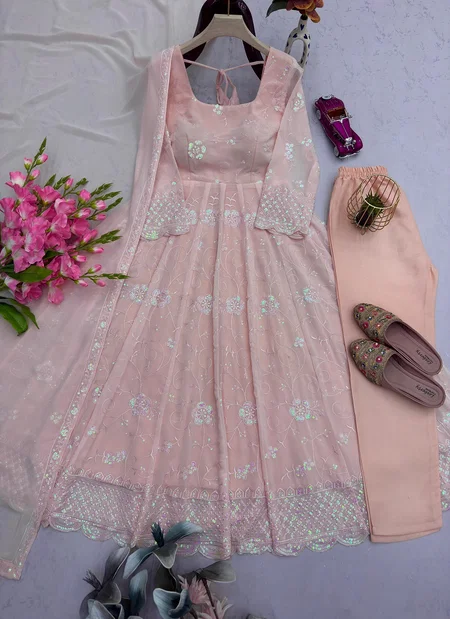 SC 327 Faux Georgette Embroidery Work Gown With Pant Dupatta Online Wholesale